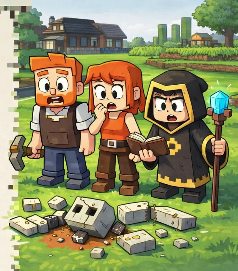 On the right side of the image, Tom, Jill, and The Mage stand together on a grassy area in a village neighborhood, looking with shocked and concerned expressions toward a broken iron golem lying in pieces on the ground in front of them. The three characters are viewed from a three-quarter angle, grouped closely as they discover the destroyed golem. Tom stands at the left of the group with a distressed expression, wearing his dark brown vest over a white short-sleeved shirt, his orange hair and orange beard visible. Jill stands in the center with her hand near her mouth in dismay, her shoulder-length auburn hair and bright orange sleeveless top recognizable. The Mage stands at the right in a dark charcoal-black hooded robe with gold trim and gold diamond emblem, holding a tall wooden staff with a glowing blue crystal, staring at the wreckage. Scattered iron golem parts — a cracked iron head, detached arms, and iron blocks — litter the grass in front of them. It is morning with bright daylight, and houses with green landscaping are visible in the background. The left ~40% of the image is a plain parchment-style text area.