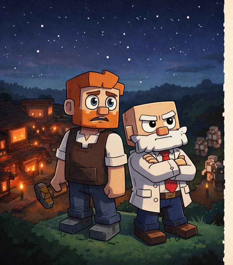 On the left side of the image, a Minecraft-style village is shown at nighttime under a dark, star-filled sky. Tom stands in the center-left foreground at the edge of the village, gazing outward toward the dark wilderness with a deeply worried expression, his orange hair and orange beard visible, wearing his dark brown vest over a white short-sleeved shirt. Dr. Can Do stands beside him, his white lab coat, white mustache, and red necktie visible, arms folded with a serious expression. Behind them, several wooden buildings with glowing torches line the village, their warm orange light contrasting against the dark surroundings. A group of iron golems — large, blocky white-and-brown figures — patrol among the village structures, standing guard. The dark wilderness stretches into distant hills beyond the torchlit perimeter, emphasizing the unlit areas where creepers could spawn. The right ~40% is a plain parchment-colored area reserved for text.