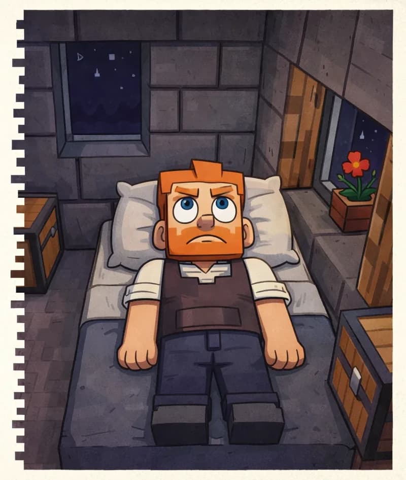 On the right side of the image, Tom is lying in bed with his eyes open and a deeply worried expression, staring up at the ceiling in a Minecraft-style blocky bedroom. His orange hair, orange beard, and large blue eyes are visible against the pillow. The room is dimly lit at nighttime, with a dark window above the bed showing the night sky, and stone brick walls surrounding the small indoor space. A flower pot with a red flower sits on the windowsill to the right, and wooden chests flank the bed. The left ~40% of the image is a plain beige text area with no characters or detail.