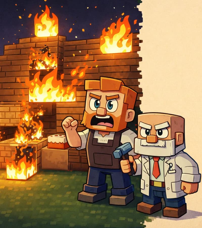 On the left side of the image, a wooden building (Tom's bakery) is engulfed in bright orange and yellow flames against a dark nighttime sky, with sparks and embers floating upward. Tom stands in the foreground to the right of the burning bakery on the green grass, facing toward the viewer at a three-quarter angle. He has a furious, anguished expression, his mouth open mid-shout, one fist raised. His orange hair, orange beard, and dark brown vest over a white short-sleeved shirt are lit by the firelight. Dr. Can Do stands slightly behind Tom, his white lab coat and white mustache visible in the glow of the fire, looking at the blaze with a grim expression. A cake block and a crafting table are visible among the flames at the base of the collapsing structure. The fire casts a warm glow across the surroundings. The right ~40% of the image is a plain parchment-colored text area.