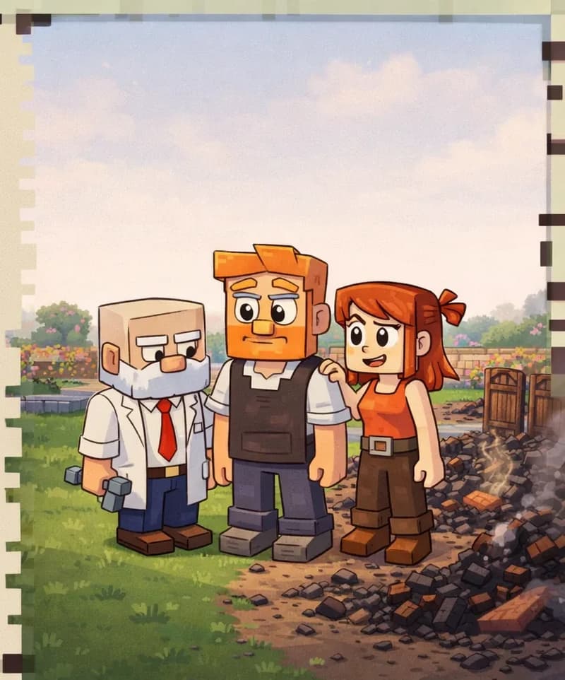 On the right side of the image, Tom, Jill, and Dr. Can Do stand together on grass near the smoldering remains of the bakery — charred wooden doors and scattered ash and debris. Jill stands closest to Tom on the right, her right hand resting on Tom's shoulder in a comforting gesture, her shoulder-length auburn hair and bright orange sleeveless top visible. Tom stands in the center, looking downcast but somewhat reassured, his orange hair, orange beard, and dark brown vest over a white short-sleeved shirt recognizable. Dr. Can Do stands on the left of the group, facing the pile of ash with a sad, contemplative expression, his white lab coat, white mustache, and red necktie visible. The scene is outdoors in a village setting under a pale, hazy morning sky, with low walls and flower gardens visible in the background.