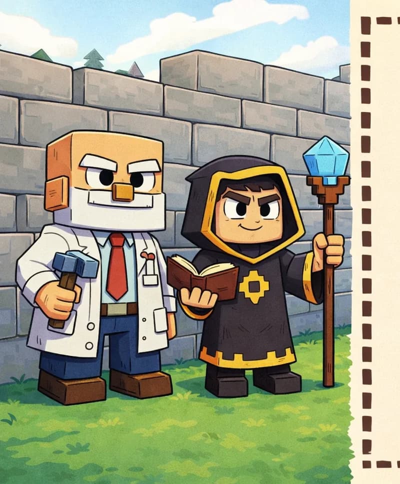On the left side of the image, Dr. Can Do and The Mage stand together on green grass in front of a large stone brick wall that is under construction. Dr. Can Do is positioned at the far left, standing upright with a proud smile, wearing his white lab coat over a white dress shirt with a red necktie, his white bushy eyebrows and thick white mustache visible. The Mage stands just to his right, also facing forward with a calm, confident expression, wearing a dark charcoal-black hooded robe with gold trim and a gold diamond-shaped emblem on the chest, holding a tall wooden staff with a glowing light-blue crystal in one hand. Both characters survey the rising stone fence with pride. The partially completed wall stretches behind them with stacked stone bricks, and the village is visible beyond. The right ~40% of the image is a plain parchment-colored text panel with a decorative border, left clear for text overlay.