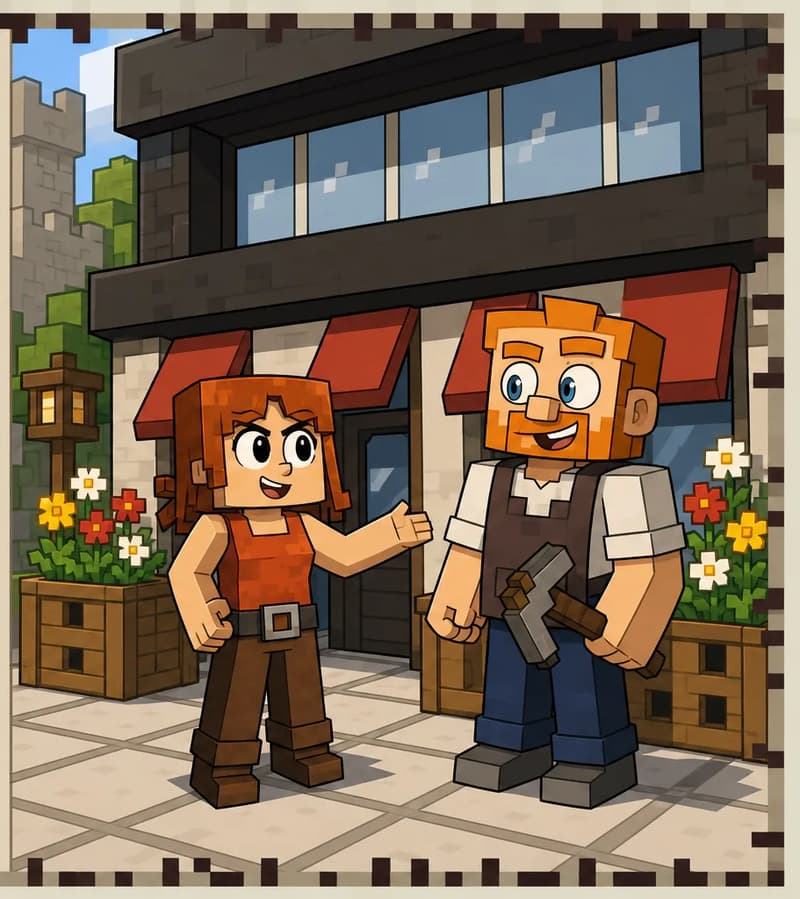 On the right side of the image, Tom and Jill stand together in front of the new bakery, both smiling happily. Tom stands on the right, grinning proudly with a laugh on his face, his orange hair, orange beard, and dark brown vest over a white short-sleeved shirt visible. Jill stands to his left, beaming with satisfaction, her shoulder-length auburn hair and bright orange sleeveless top recognizable. She gestures toward the colorful flowers she has arranged around the entrance. The bakery exterior features large windows with red awnings and a dark overhang above. Wooden planter boxes sit beside the entrance overflowing with colorful yellow, white, and red flowers. The scene is set outdoors during daytime in the completed walled village. The left ~40% of the image is a plain background reserved for text.