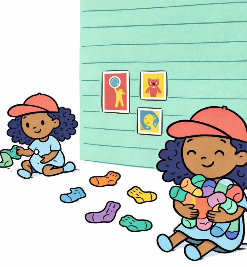 On the right side of the image, Alana is shown twice in an indoor bedroom scene with a teal-green paneled wall decorated with small colorful posters. In the lower right, Alana sits happily with eyes closed and a content smile, hugging a large armful of colorful socks against her chest. In the center-right background, a smaller version of Alana sits on the floor sorting through socks, looking cheerful and engaged. Several loose socks in various colors (purple, orange, green, blue, yellow) are scattered on the floor between the two poses. The left side of the image is plain white background.