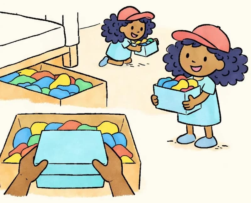On the left side of the image, Alana is shown twice in a sequential vignette. In the lower-left corner, a close-up shows her hands lifting a smaller box out of a large box filled with colorful socks. In the center-left, Alana is shown at full figure, standing and smiling proudly while holding the small box of special socks against her chest. Behind her (upper-center-left), a smaller version of Alana is seen from the side, kneeling and peering into the small box with a happy expression. The scene is set indoors in her bedroom, viewed from above at an angle, with the large sock box partially visible from beneath the bed. The right side of the image is plain white background.
