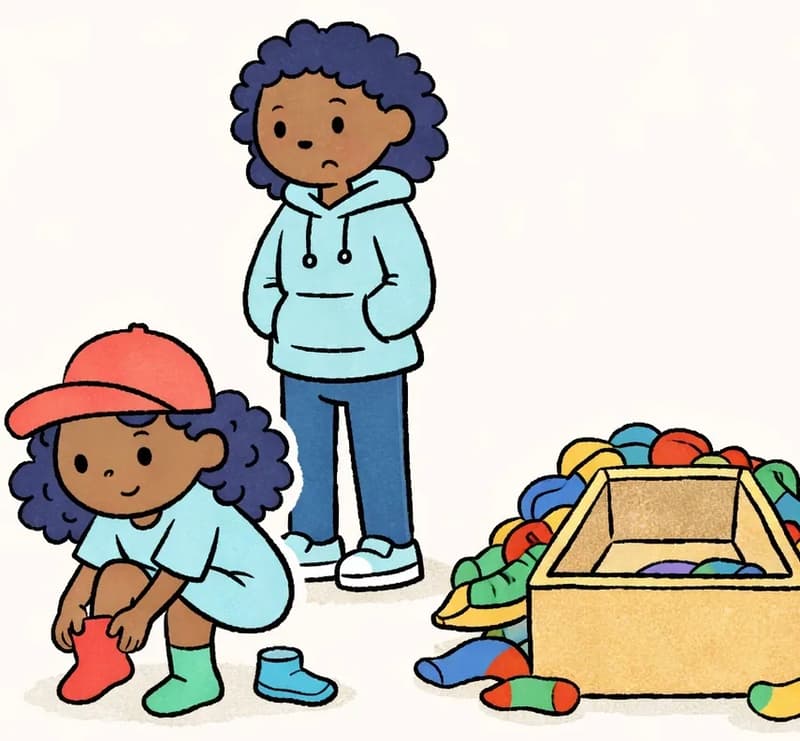 On the right side of the image, Alana is crouching down and pulling on mismatched socks, wearing her coral-red cap, with a determined expression as she gets ready to search. Mom stands behind her looking concerned, watching Alana prepare. Next to them on the far right is an open box overflowing with colorful socks, with an empty gap visible where the missing pair should be.