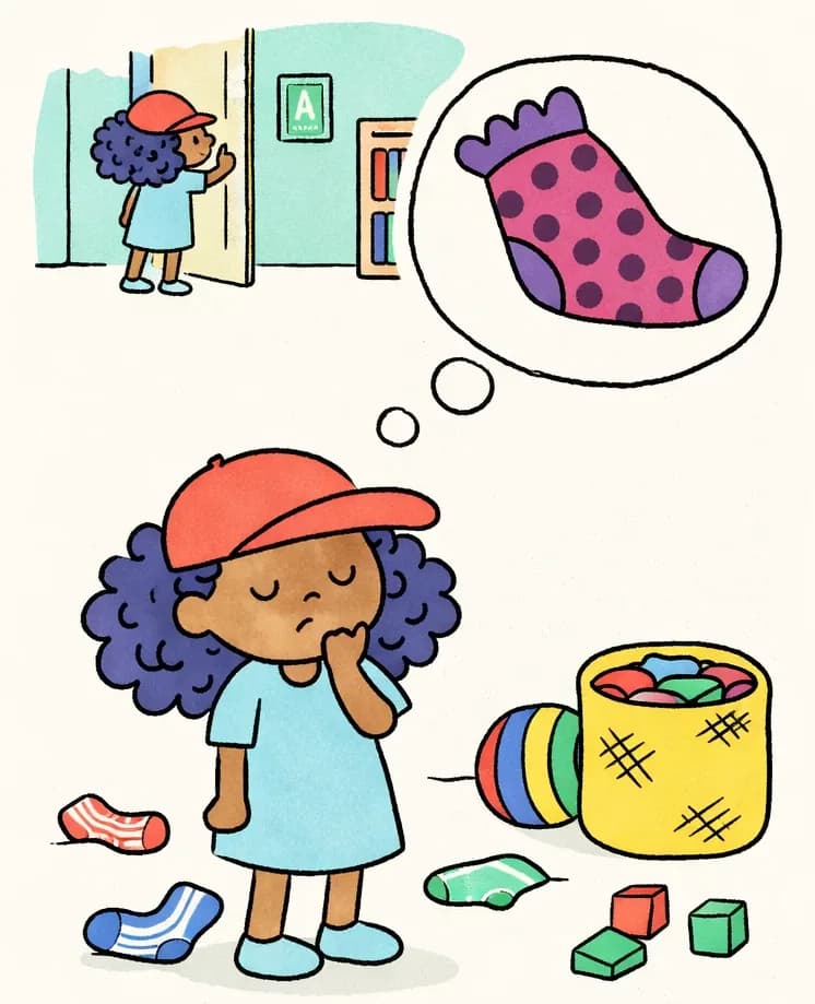 On the left side of the image, Alana stands in the lower-left area with one hand on her chin in a thoughtful pose, eyes closed, with a dreamy expression as she imagines her favorite socks. A thought bubble rises from her head showing a pink sock with purple spots, purple frills, and purple toes and heels. Behind her on the left is her bedroom with a bookshelf, a door, and a name sign on the wall. Scattered around her on the floor are various socks and small toys (blocks, a ball), along with a woven laundry basket filled with colorful clothing. A second smaller figure of Alana is visible in the upper-left background near the bedroom door, appearing to reach for something on the doorframe. The right side of the image is plain white background.