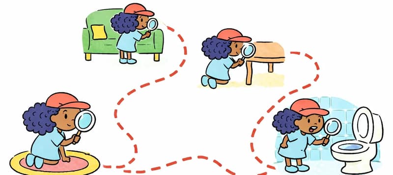 In the lower half of the image, Alana is shown four times in a sequential search montage connected by a red dashed trail line. In the bottom-left, Alana kneels on a round rug holding a magnifying glass with a determined, focused expression. Moving along the trail to the upper-middle-left, Alana stands bent forward peering behind a green couch with her magnifying glass. To the right, Alana crouches and looks under a wooden table with a concentrated expression. Finally, in the bottom-right, Alana stands with a surprised, slightly disgusted expression, holding her magnifying glass and peering into a toilet in a tiled bathroom. The top half of the image is plain white background.