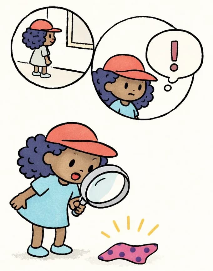 On the left side of the image, Alana is shown in a comic-panel style sequence. In the lower-left, Alana leans forward with a surprised expression, holding a magnifying glass up to her face as she examines a scrap of polka-dotted fabric on the ground below her — the fabric has yellow emphasis lines around it indicating a discovery. In a circular vignette above, Alana stands with a determined, suspicious expression and an exclamation-mark thought bubble, realizing the fabric matches her socks. A smaller circular vignette in the upper-left shows Alana searching near a window indoors. The right ~40% of the image is plain white background.