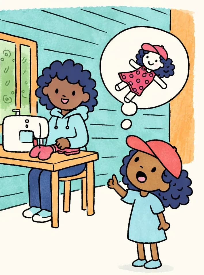 On the left side of the image, Mom sits at a wooden table operating a sewing machine, smiling as she works on transforming the socks. In the lower-left foreground, Alana stands at a three-quarter angle looking up with excitement toward a thought bubble that shows the finished sock doll — a cute ragdoll with curly hair and a polka-dot dress. The scene is set indoors in a cozy room with teal wooden-paneled walls and a window showing greenery outside. The right side of the image is open background with the teal wall and an orange accent panel.