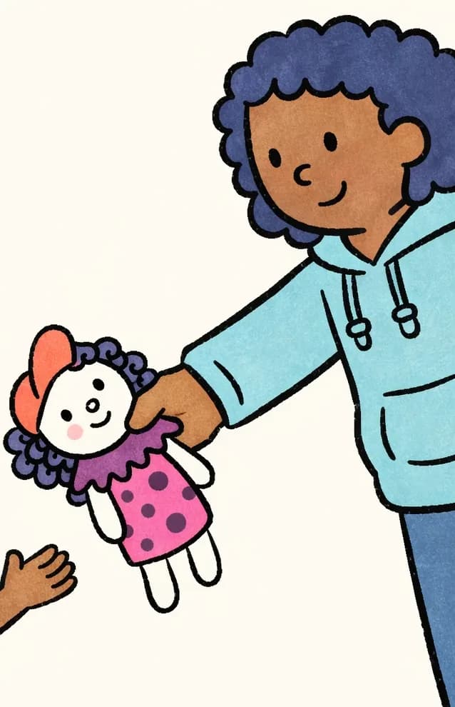 On the right side of the image, Mom's hands extend from the upper right, holding out a small handmade sock doll toward Alana. The doll has a smiling face, curly dark hair, an orange hat, a frilly purple collar, and a pink polka-dot dress with white dangling legs. Alana's smaller hand reaches in from the lower center-right, open and ready to receive the doll. The background is a soft, plain light blue-green, with no other objects or setting details visible — this is a close-up focused on the moment of the doll being passed between them.