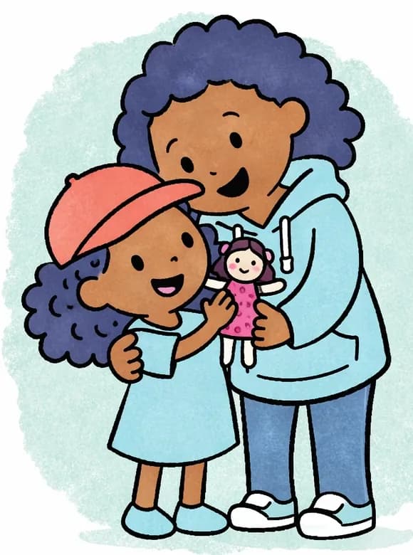 On the left side of the image, Mom stands behind Alana, wrapping her in a warm embrace. Both are smiling happily as they look at each other. Alana is holding up a small handmade sock doll with a polka-dot dress, proudly showing it off. The background behind them is a soft teal/turquoise wash, with the right side of the image left as plain white space.