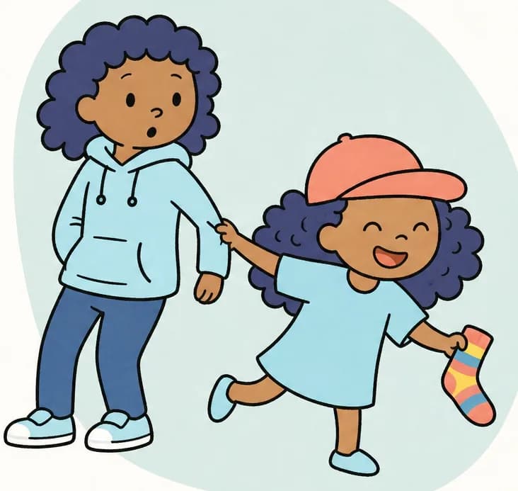 On the right side of the image, Alana is in the foreground, grinning with her eyes closed happily, leaning forward mid-stride and holding a colorful stripy sock in one hand. Behind her, Mom stands slightly further back, looking down at Alana with a mild, slightly surprised expression as Alana tugs her by the arm, pulling her along. The left side of the image is plain white background, while the right side has a soft light blue/teal textured backdrop behind the characters. The scene conveys playful energy as Alana enthusiastically drags Mom through the house on their sock-hunting mission.