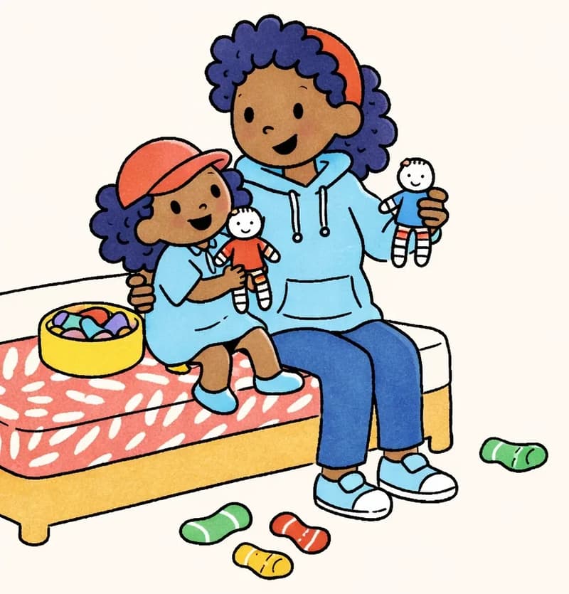 On the left side of the image, Mom and Alana sit together on a bed with a patterned red-and-white bedspread. Mom holds up a small completed sock doll, smiling contentedly, while Alana sits on her lap holding another finished sock doll, looking happy and engaged. Between them on the bed is a bowl filled with colorful materials for crafting. Several loose socks in various colors (green, yellow, red-striped) are scattered on the floor to the right of the bed. The scene is set indoors in a bright, cheerful bedroom.