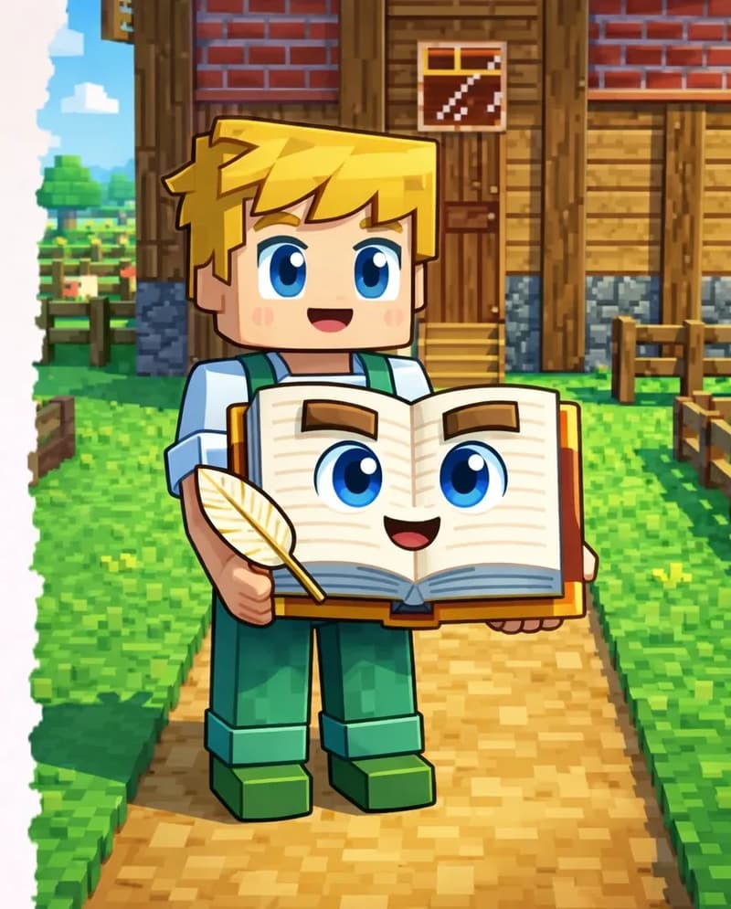 On the right side of the image, Ned stands facing forward on a dirt path in front of a wooden farmhouse, with a neutral expression, holding The Book open in his hands at waist level. Ned wears a white short-sleeved t-shirt under green overalls with visible front pocket details and dark green shoes. The Book is open with cream/off-white pages and a brown/golden-tan hardcover spine, with large round bright blue eyes, dark brown rectangular eyebrows, and a small open smiling mouth on its pages. The scene is set outdoors on a bright day with green grass surrounding the house, with fields and fenced animal pens visible in the background containing pigs and cows. The left side of the image is plain light background, clear for text overlay.