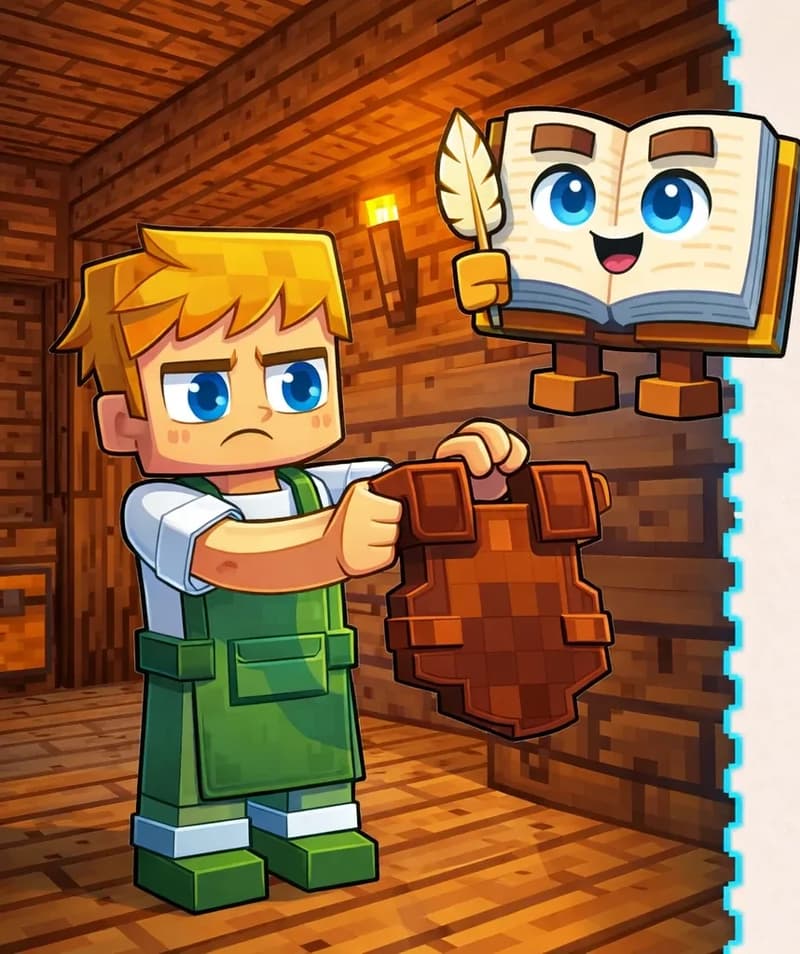 On the left side of the image, Ned stands inside a wooden cabin or workshop, looking displeased while holding up a brown leather chestplate at arm's length in front of him. Ned wears a white short-sleeved t-shirt under green overalls. The Book hovers nearby in the upper portion, open and upright with its face visible on the pages, appearing to offer advice. The indoor setting has wooden plank walls, a wooden ceiling, and warm torch lighting.
