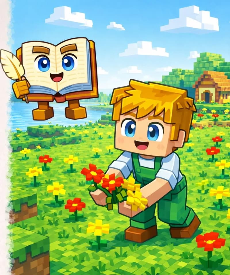 On the right side of the image, Ned stands in a grassy field full of red and yellow flowers, facing slightly toward the viewer with a happy expression. Ned wears a white short-sleeved t-shirt under green overalls. He is bending down and reaching toward the flowers, picking some red ones and yellow ones with both hands. The Book floats in the air nearby to Ned's left, open and upright with its face visible on the pages, holding its tan quill pen. The scene is set outdoors on a bright, sunny day with a blue sky, green trees along the horizon, and Ned's farmhouse visible in the background. The left side of the image is plain light background, clear for text overlay.
