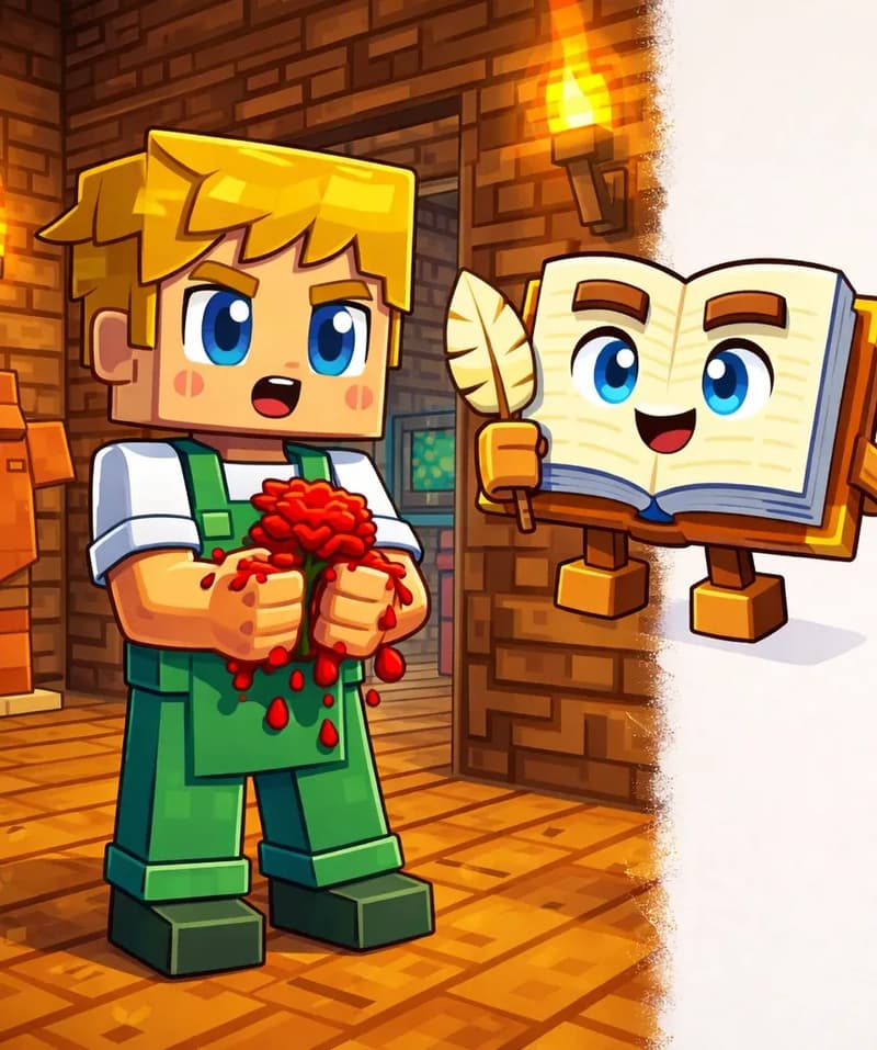 On the left side of the image, Ned stands inside a wooden cabin/workshop, facing forward with a determined expression, squeezing a red rose in his hands with bright red dye dripping from his fists. Ned wears a white short-sleeved t-shirt under green overalls. The Book floats nearby to Ned's right, open and animated with its face visible on the pages and mouth open as if giving instructions. Behind Ned on the far left, a piece of brown leather armor is displayed on a wooden armor stand. The indoor setting is warmly lit with wooden plank walls and torch lighting. The right ~40% of the image is plain light background, clear for text overlay.