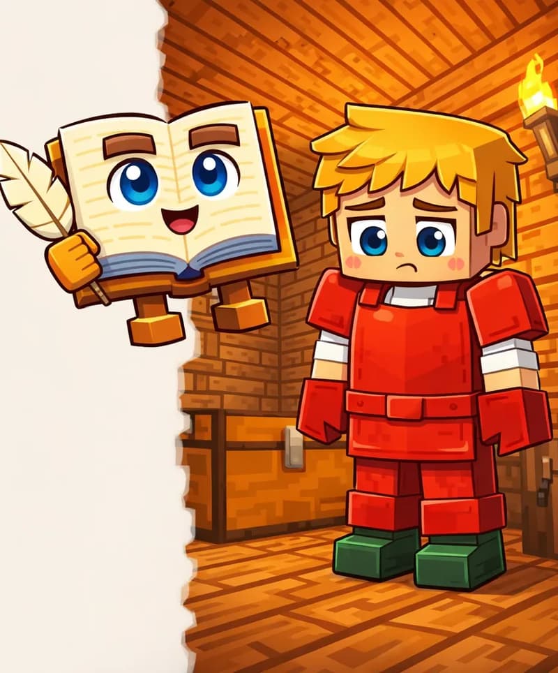 On the right side of the image, Ned stands inside a wooden cabin or crafting room, facing forward with a disappointed, uncertain expression. Ned wears red-dyed leather armor — a red leather chestplate over his white t-shirt, with red leather leggings and his dark green shoes — and is looking down at himself. The Book floats nearby, open and upright with its face visible on the pages. The interior is lit by a wall-mounted torch, with wooden plank walls and ceiling beams creating a cozy indoor workshop atmosphere. The left side of the image is plain light background, clear for text overlay.