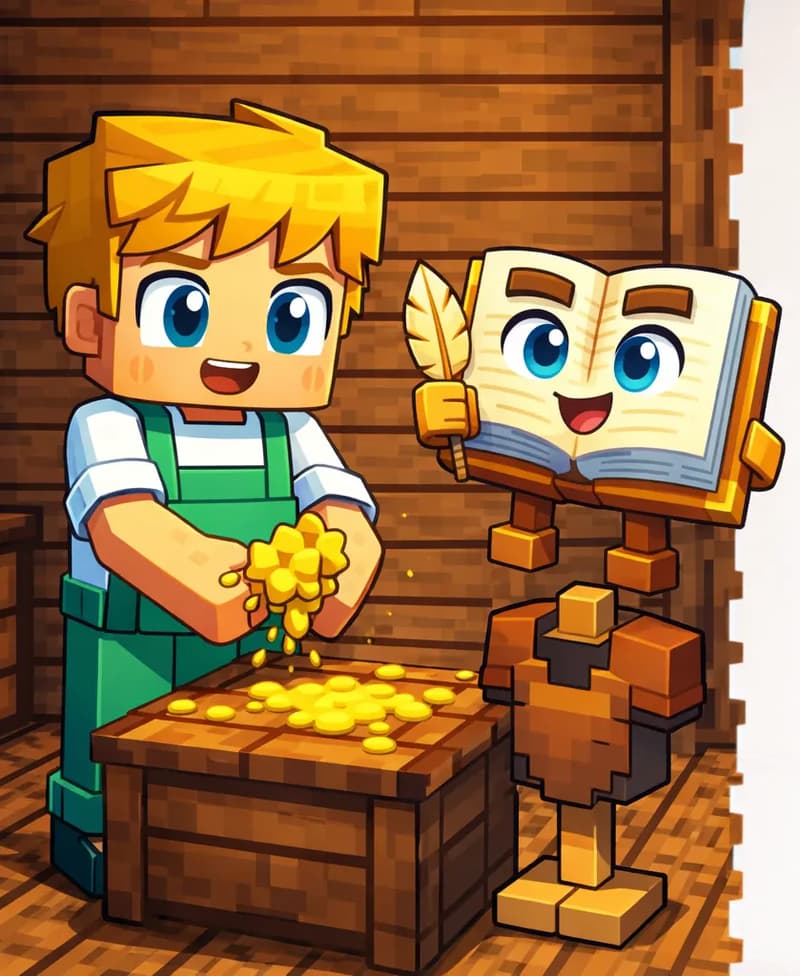 On the left side of the image, Ned stands inside a wooden-walled indoor room, facing forward with a focused expression. Ned wears a white short-sleeved t-shirt under green overalls. He is actively crushing a yellow flower in his hands, with bright yellow dye spreading on the crafting table surface in front of him. A piece of brown leather armor sits on an armor stand nearby, ready to be dyed. The Book floats just to Ned's right, open and upright with its face visible on the pages, appearing to comment on the golden color. The scene has warm indoor lighting with wooden plank walls and floors, resembling a Minecraft-style crafting area. The right ~40% of the image is plain light background, clear for text overlay.