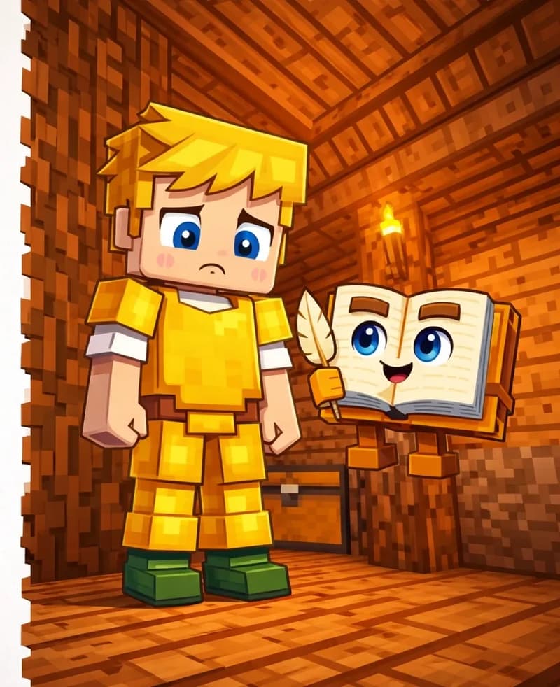 On the right side of the image, Ned stands inside a wooden interior resembling a cozy cabin or lodge, facing the viewer with a doubtful, unsure expression. Ned wears yellow-dyed leather armor — a yellow leather chestplate over his white t-shirt, with yellow leather leggings and his dark green shoes — and is looking down at himself uncertainly. The Book floats nearby, open and upright with its face visible on the pages, appearing sympathetic. The scene is warmly lit by a wall-mounted torch, with wooden beams and planks forming the walls and ceiling. The left side of the image is plain light background, clear for text overlay.