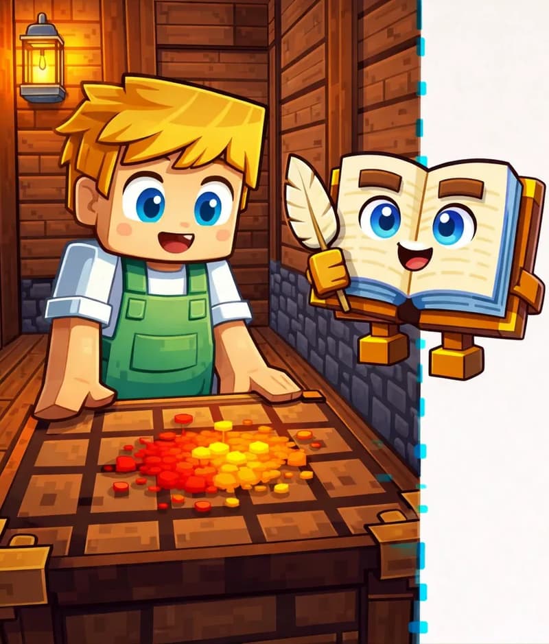 On the left side of the image, Ned stands inside a wooden cabin, facing forward and looking down at a crafting table with an excited, amazed expression. Ned wears a white short-sleeved t-shirt under green overalls. On the table in front of him are two small piles of dye — one red and one yellow — being pushed together, with a warm orange color spreading where they mix. The Book floats nearby to Ned's right, open and upright with its face visible on the pages, watching the mixing. The indoor setting is warmly lit, with wooden plank walls and a torch glowing on the wall. The right ~40% of the image is plain light background, clear for text overlay.