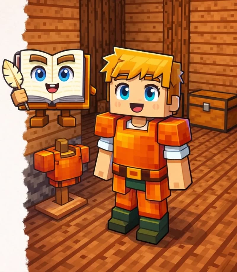 On the right side of the image, Ned stands inside a cozy indoor room with wooden plank walls, facing forward with a proud, cheerful expression. Ned wears orange-dyed leather armor — an orange leather chestplate over his white t-shirt, with orange leather leggings and his dark green shoes — looking pleased with his new color. The Book floats nearby against the wall, open and upright with its face visible on the pages, looking proud. A chest is visible in the upper right corner of the room. An armor stand with the freshly dyed orange armor piece is visible nearby. The left side of the image is plain light background, clear for text overlay.