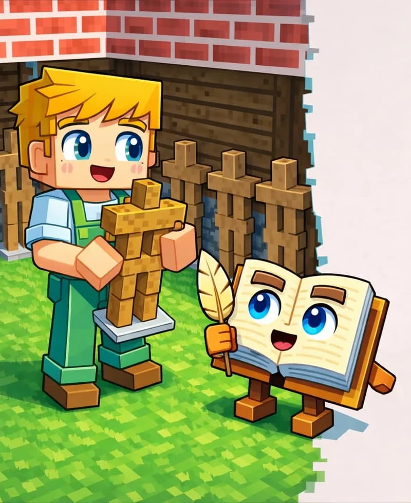 On the left side of the image, Ned stands on green grass in front of a wooden farmhouse building, facing forward with a mysterious smile, carrying a wooden armor stand under one arm. Ned wears a white short-sleeved t-shirt under green overalls. Several dark wooden armor stands are already lined up in a row against the wall of the farmhouse. The Book hovers nearby, open and upright with its face visible on the pages, looking confused and curious. The right ~40% of the image is plain light background, clear for text overlay.