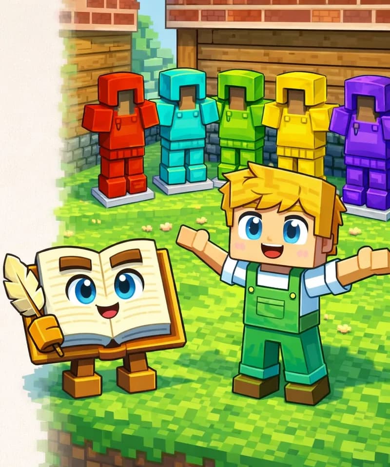 On the right side of the image, Ned stands at the center-bottom on a grassy area, facing the viewer and smiling proudly with arms spread wide in a presenting gesture. Ned wears a white short-sleeved t-shirt under green overalls. Surrounding him in a semicircle are several suits of colorful leather armor displayed on wooden armor stands — red, cyan, green, yellow, and purple sets, each gleaming brightly. The scene is set outdoors in front of the wooden farmhouse. The Book is positioned to the left of Ned, open and upright with its face visible on the pages, looking proud and impressed. The left ~40% of the image is plain light background, clear for text overlay.