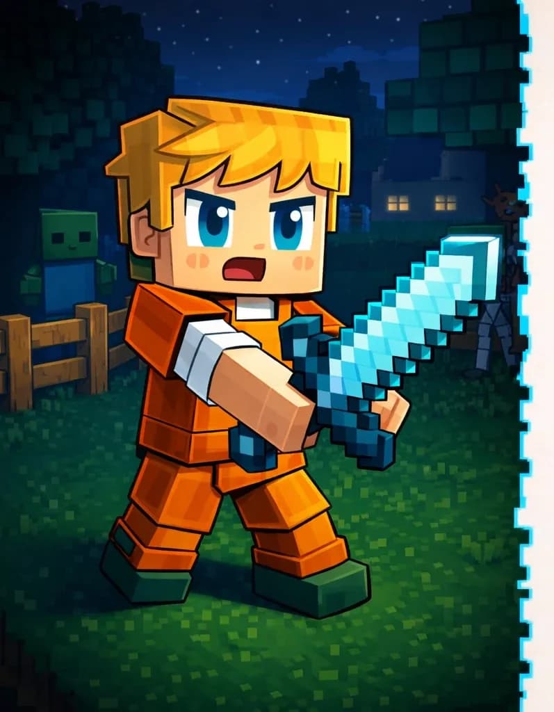 On the left side of the image, Ned stands outdoors at nighttime on a grassy area near a wooden fence, facing forward with a confident, fierce expression. Ned wears orange-dyed leather armor — an orange leather chestplate over his white t-shirt, with orange leather leggings and his dark green shoes — and holds a diamond sword in his right hand, swinging it forward. The scene is set at night with a dark sky, dark trees and foliage in the background, and Ned's farmhouse faintly visible in the distance. Two or three hostile mobs (zombies or skeletons) lurk in the shadows behind him at a distance. The right ~40% of the image is plain light background, clear for text overlay.