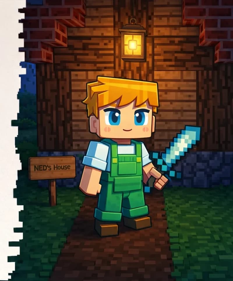On the right side of the image, Ned stands in front of a wooden house with a stone foundation, rendered in a Minecraft-style blocky art style. Ned is facing the viewer with a determined expression, holding a diamond-shaped sword in one hand. A wooden sign reading "Ned's House" stands beside him, and a warm glowing lantern lights the doorway above. The scene is set outdoors at dusk with dim lighting, grass underfoot, and the left ~40% of the image is plain light background reserved for text.