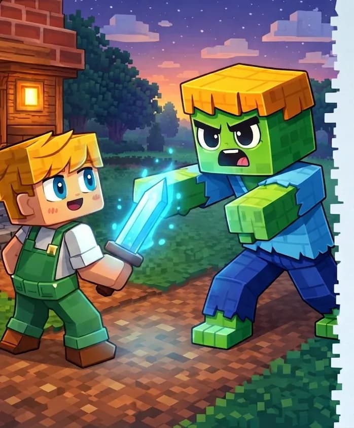 On the left side of the image, Ned stands in a determined stance on a dirt path just outside his house, holding a sword in one hand and facing Zombie who lurches toward him from the right with arms outstretched in a classic zombie attacking pose. Zombie is large and imposing, towering over Ned. The scene is set outdoors at dusk with trees and green grass in the background, and a wooden house with a stone foundation, glowing windows, and a sign reading "Ned's House" visible on the far left. The right ~40% of the image is plain background reserved for text.