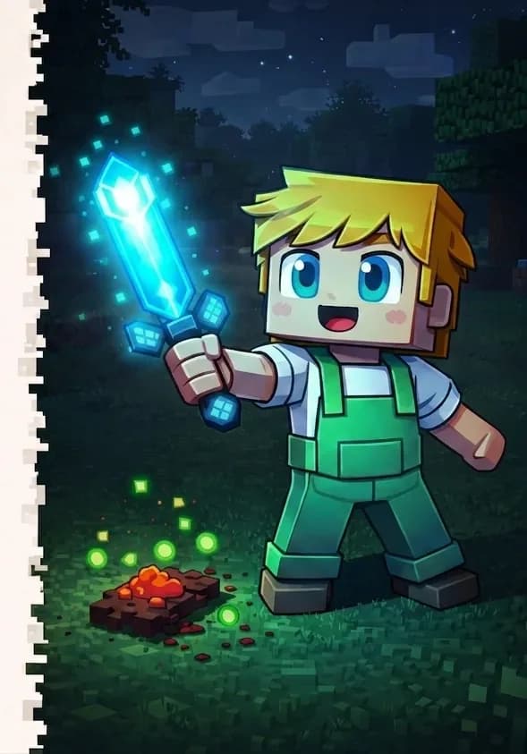 On the right side of the image, Ned stands at a three-quarter angle facing the viewer in a victorious pose on a dark grassy field, holding his sword out in front of him — the blade glowing brightly with a strange magic light. On the ground nearby, a lump of rotten flesh and scattered pixels of experience orbs mark where the zombie was defeated. The scene is set outdoors at dusk with dark, overcast skies, trees and a wooden structure visible in the background, giving a tense nighttime atmosphere. The left ~40% of the image is plain background reserved for text.