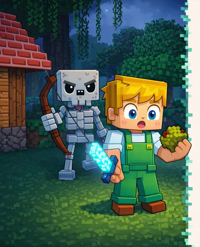 On the left side of the image, Ned stands facing forward on a grassy area with a cautious expression, holding his glowing sword in one hand and a small lump of greenish-brown rotten flesh in the other, examining it with curiosity. Skeleton lurks directly behind Ned, approaching from the background with a menacing stance, holding its bow — matching the text's description of bones clicking from the shadows. The scene is set outdoors at dusk with dark, moody skies, surrounded by tall trees and the corner of a wooden house with a stone foundation, creating an eerie atmosphere. The right ~40% of the image is plain background reserved for text overlay.