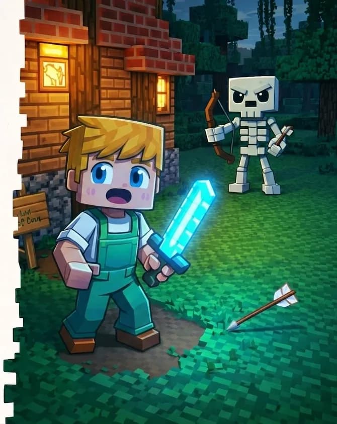 On the right side of the image, Ned stands in front of a wooden house with a stone foundation and a sign reading "Ned's House," holding his glowing sword and looking alert and tense after narrowly dodging an arrow that has landed in the grass near his feet. Ned is at a three-quarter angle facing the viewer with a startled expression. Skeleton stands in the background among the trees to the far right, holding a bow aimed toward Ned, with an aggressive stance. The scene is set outdoors at dusk with dim lighting, green grass, and trees surrounding the area, with glowing windows on the house providing warm light. The left side of the image is plain background reserved for text.