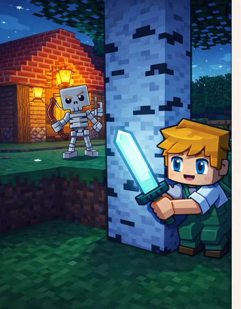 On the left side of the image, Ned is crouching behind a large birch tree trunk, partially hidden, gripping his glowing sword tightly with a cautious and determined expression as he presses close to the tree. In the background to the far left, Skeleton stands near the wooden house with a stone foundation and a glowing lantern, its bony head turning to the side as it searches the area, bow in hand. The scene is set outdoors at dusk with a darkening sky, on a grassy yard. A gentle sense of stillness pervades the scene.