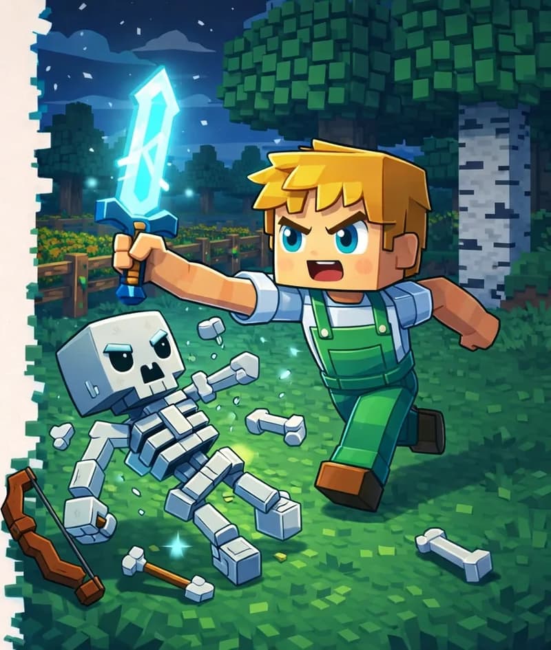 On the right side of the image, Ned charges forward on a grassy area near birch trees and a wooden fence enclosing a crop field, his glowing magic sword raised high mid-swing with a fierce, determined expression. Skeleton staggers in front of him, breaking apart as bones fly off in different directions — one bone tumbling through the air toward the grass. The skeleton's bow falls to the ground as it is defeated. The scene is set outdoors at dusk with a darkening sky, matching the nighttime monster-fighting atmosphere. The left ~40% of the image is plain background reserved for text.