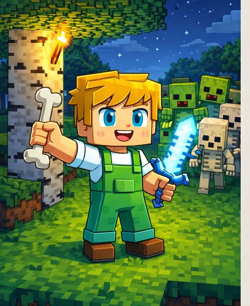 On the left side of the image, Ned stands on a grassy area in a Minecraft-style 3D scene at a three-quarter angle facing the viewer, holding a bone triumphantly in one hand and his glowing sword in the other, with a proud, confident expression. He is unaware of the danger behind him. A large group of monsters — including zombies with green skin and outstretched arms, and other hostile creatures — has crept up close behind Ned, advancing menacingly in a tight pack. The scene is set outdoors at nighttime with a glowing torch on a birch tree illuminating the area, stars visible in the darkening sky, and green blocky trees in the background. The right ~40% of the image is plain background.