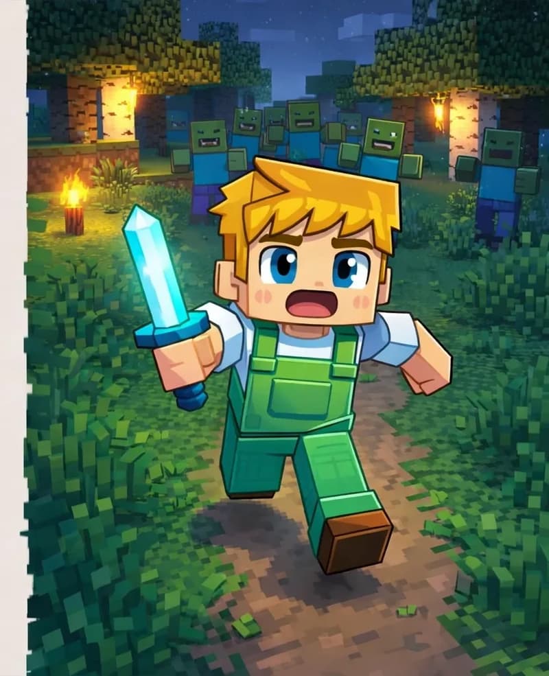 On the right side of the image, Ned is sprinting toward the viewer across a grassy outdoor area at dusk, with a scared, urgent expression on his face and his arms pumping as he runs. He holds his glowing sword in one hand. Behind him, a mob of zombies with green skin and outstretched arms surges after him in hot pursuit, their hostile figures visible among the trees and glowing torches in the background. The scene conveys frantic motion and danger as Ned dodges and weaves to escape. The left ~40% of the image is plain background reserved for text.