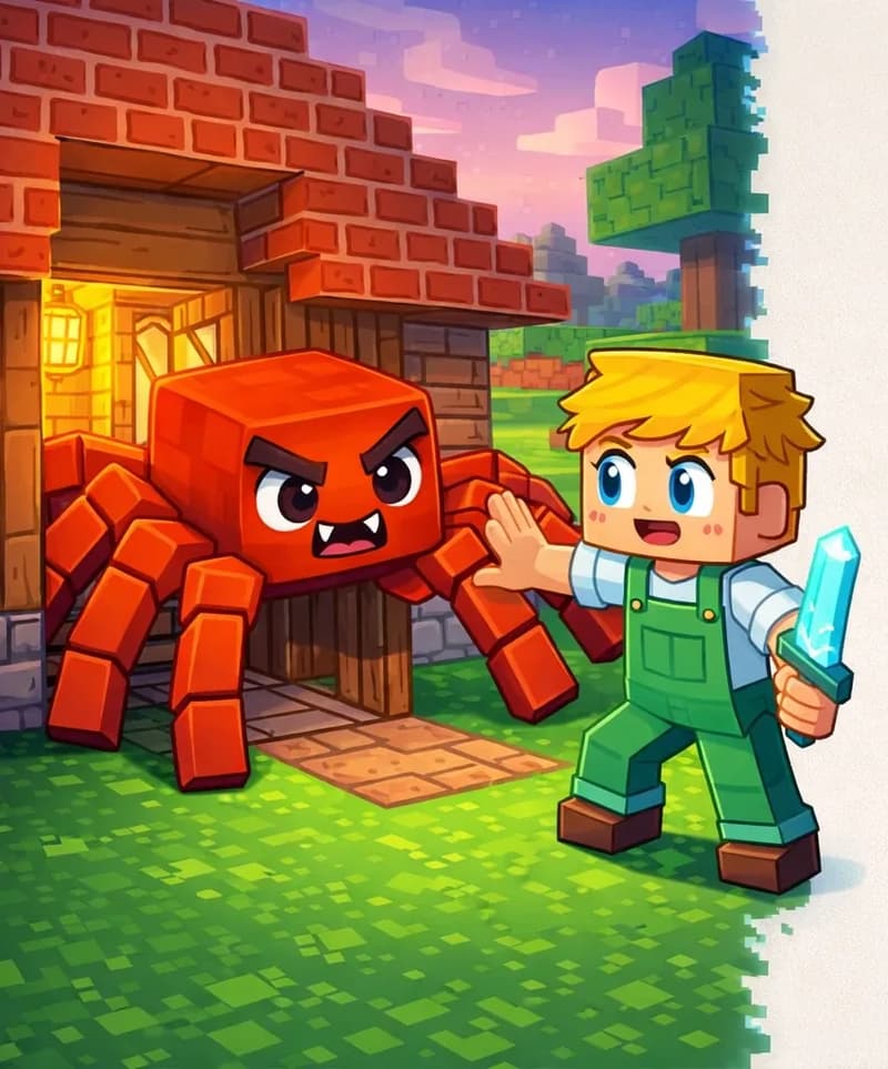 On the left side of the image, Ned stands on a grassy lawn in front of his wooden house with a stone foundation, at a three-quarter angle facing the viewer with a startled, frustrated expression, holding his glowing sword in one hand and reaching toward the door with the other. Spider crouches menacingly right in front of the house's wooden door, blocking the entrance, its large red-orange legs spread wide in a threatening pose and its white eyes glaring angrily at Ned. The scene is set outdoors in the early evening with a soft pink-purple sky, and a warm glow emanates from the house's window. The right ~40% of the image is plain background reserved for text.