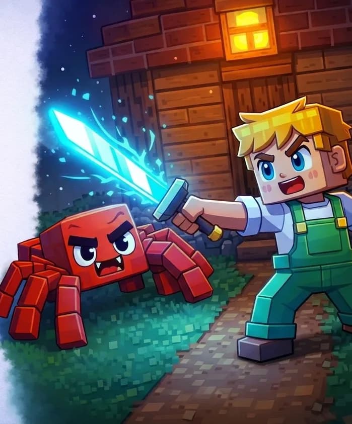 On the right side of the image, Ned stands on a grassy area in front of a wooden house with a stone foundation, holding his glowing magic sword raised high mid-swing toward Spider, who is crouched menacingly by the house's door with glowing red eyes and fangs bared. Ned has a fierce, determined stance, facing Spider head-on, delivering one big decisive swing. The scene is set outdoors at nighttime, with warm light glowing from the house's upper window. The left ~40% of the image is plain background suitable for text overlay.