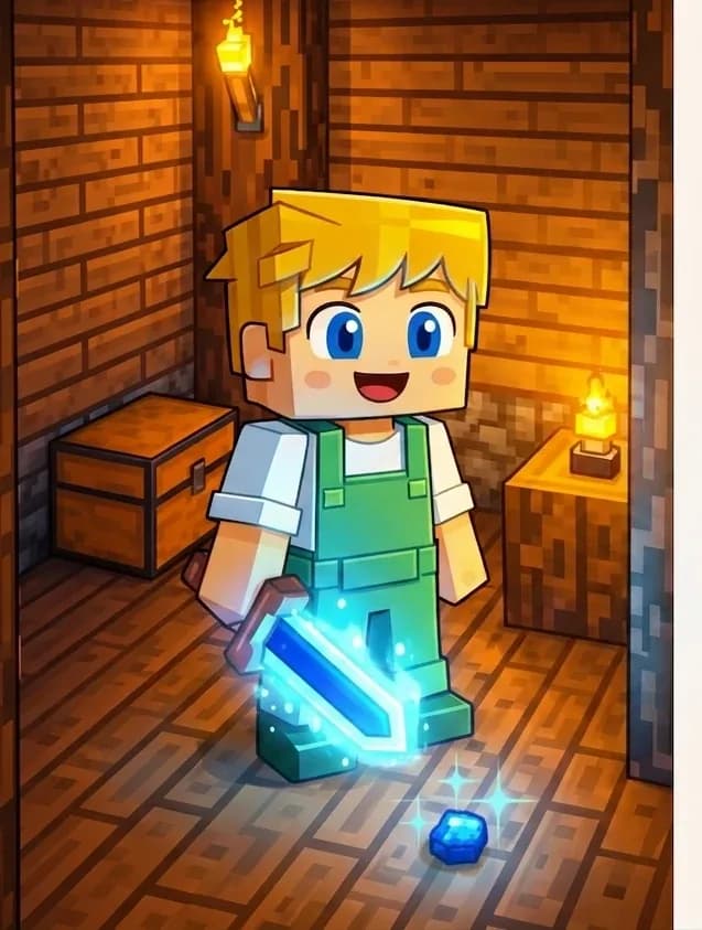 On the left side of the image, Ned stands inside a wooden house, looking down at a small golden gem glinting on the wooden floor — loot dropped by defeated monsters. Ned has a relieved, proud grin on his face, his glowing magic sword held at his side. The interior is warmly lit by a wall-mounted torch, with wooden plank walls, a wooden chest nearby, and a cozy indoor atmosphere suggesting safety after a nighttime adventure. Ned stands near the doorway he just entered. The right side of the image is plain light background reserved for text.