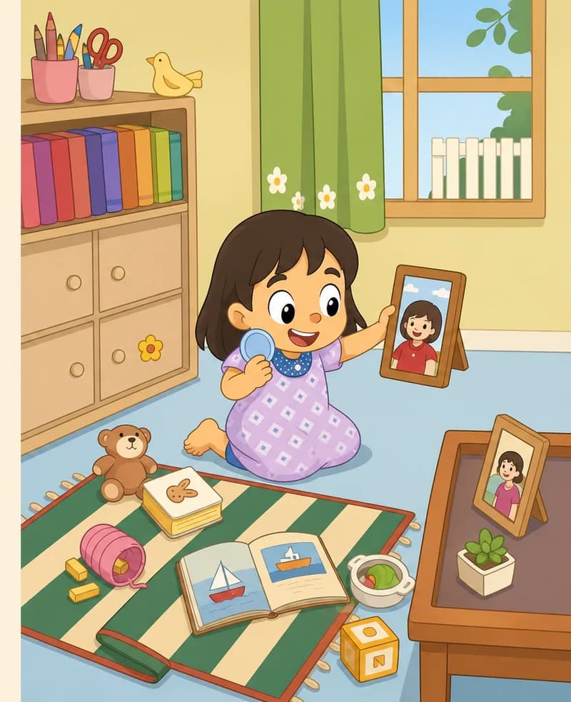 On the right side of the image, Allie sits on the floor of a cozy indoor room, kneeling and holding up a framed photograph with a delighted, open-mouthed smile. She has a round face, large black eyes, light/fair skin, and shoulder-length brown hair. She wears a light purple/lavender short-sleeved dress. Scattered around her on a striped rug are open picture books, alphabet blocks, a small teddy bear, and a yarn ball. A bookshelf stands to the left, and a wooden side table on the far right holds another framed photo and a small potted plant, with a window above letting in warm daylight through green curtains. The framed photo Allie is holding shows a woman with short hair and a big, pretty smile, and another framed photo of the same woman sits on the side table.