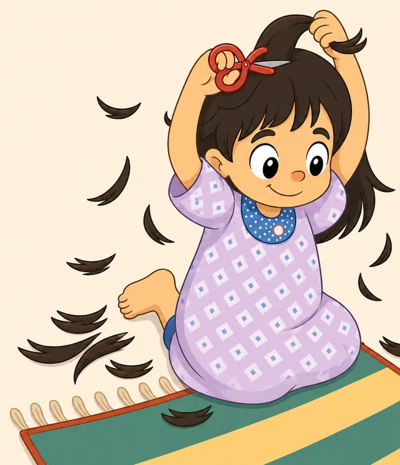 On the left side of the image, Allie is kneeling on a striped mat on the floor. She has a round face, large black eyes, light/fair skin, and shoulder-length brown hair — now being snipped at with a small pair of red craft scissors she holds above her head with both hands. She has a cheerful, determined smile. She wears a light purple/lavender short-sleeved dress. Dark brown hair clippings float and scatter through the air around her. The right side of the image is plain, warm-toned background.