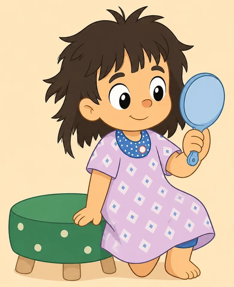 On the right side of the image, Allie stands or sits holding up a small round light-blue hand mirror, gazing into it with a calm, anticipatory expression — the moment just before she sees herself. She has a round face, large black eyes, light/fair skin, and her brown hair is now badly cut — chopped into uneven clumps of different lengths with ragged edges. She wears a light purple/lavender short-sleeved dress. She is near a green polka-dotted stool. The scene is set indoors against a warm, soft beige background.