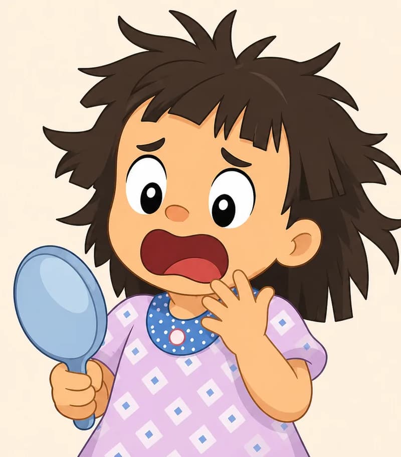 On the left side of the image, Allie is shown from the shoulders up with a dramatically upset expression — mouth wide open in a wail or cry, eyebrows furrowed in distress. One hand is raised near her chin in a gesture of shock or dismay. She has a round face, large black eyes, light/fair skin, and her brown hair is horridly cut — poking out in clumps of all different lengths with ragged, uneven edges. She wears a light purple/lavender short-sleeved dress. The background is a warm, plain beige/cream tone with the right side left open. The scene has soft, warm indoor lighting.