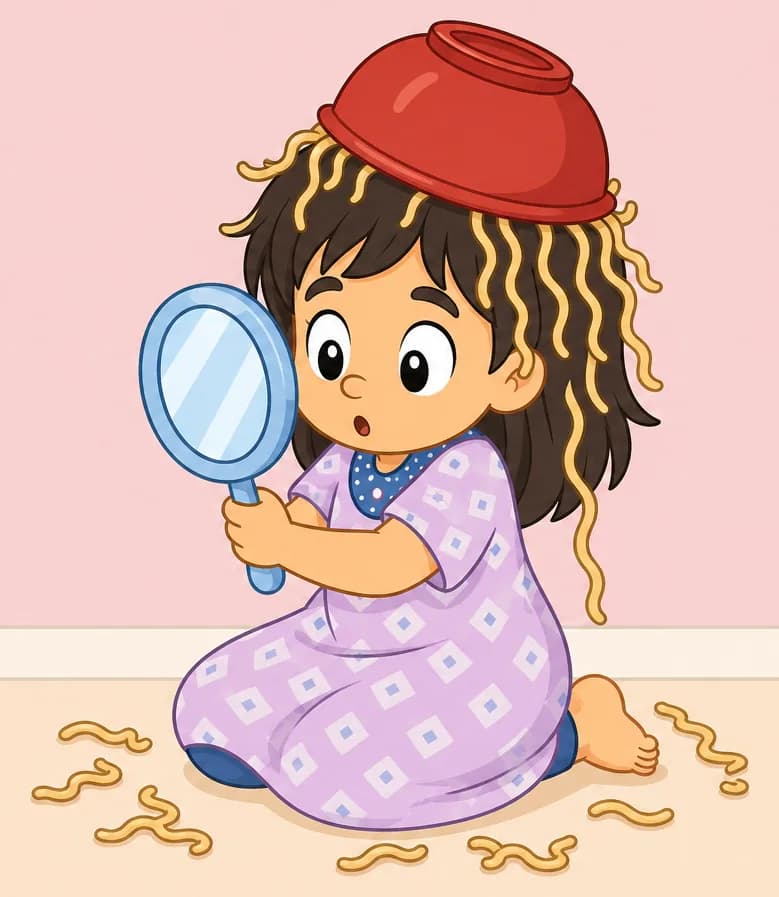 On the right side of the image, Allie is kneeling on the floor with a red bowl of noodles upturned on her head, noodles draped over her badly-cut brown hair and scattered on the ground around her. She has a round face, large black eyes, light/fair skin, and wears a light purple/lavender short-sleeved dress. She holds her small round light-blue hand mirror in front of her face, peering into it with a surprised, wide-eyed expression. The scene is set indoors against a soft pink background with a pale floor.