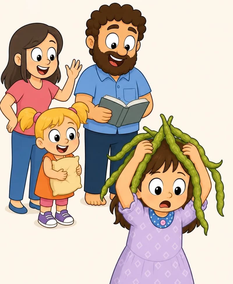 On the left side of the image, Allie stands in the foreground with a dismayed, open-mouthed expression, holding green bean pods on top of her head with both hands raised — the beans drape down like wild, tangled hair over her badly-cut brown hair. She has a round face, large black eyes, light/fair skin, and wears a light purple/lavender short-sleeved dress. In the upper-left corner, Mom, Dad, and Sister are grouped together, all laughing and amused at Allie's bean-hair attempt. Mom has chin-length wavy brown hair, large round black eyes, light/fair skin, and wears a coral-red short-sleeved V-neck top and blue jeans. Dad is stocky with warm medium-brown skin, large round white eyes with black pupils, a wide round nose, a full curly dark-brown beard and matching curly dark-brown hair, wearing a light blue short-sleeved button-up shirt with a front chest pocket and dark navy-blue pants — he holds a book. Sister has golden-blonde hair in two short pigtails with pink hair ties, large dark eyes, light/fair skin, and wears an orange short-sleeve dress over a pink t-shirt — she clutches a pillow, grinning with delight. The scene is set indoors against a plain, light background. The right ~40% of the image is empty white space.