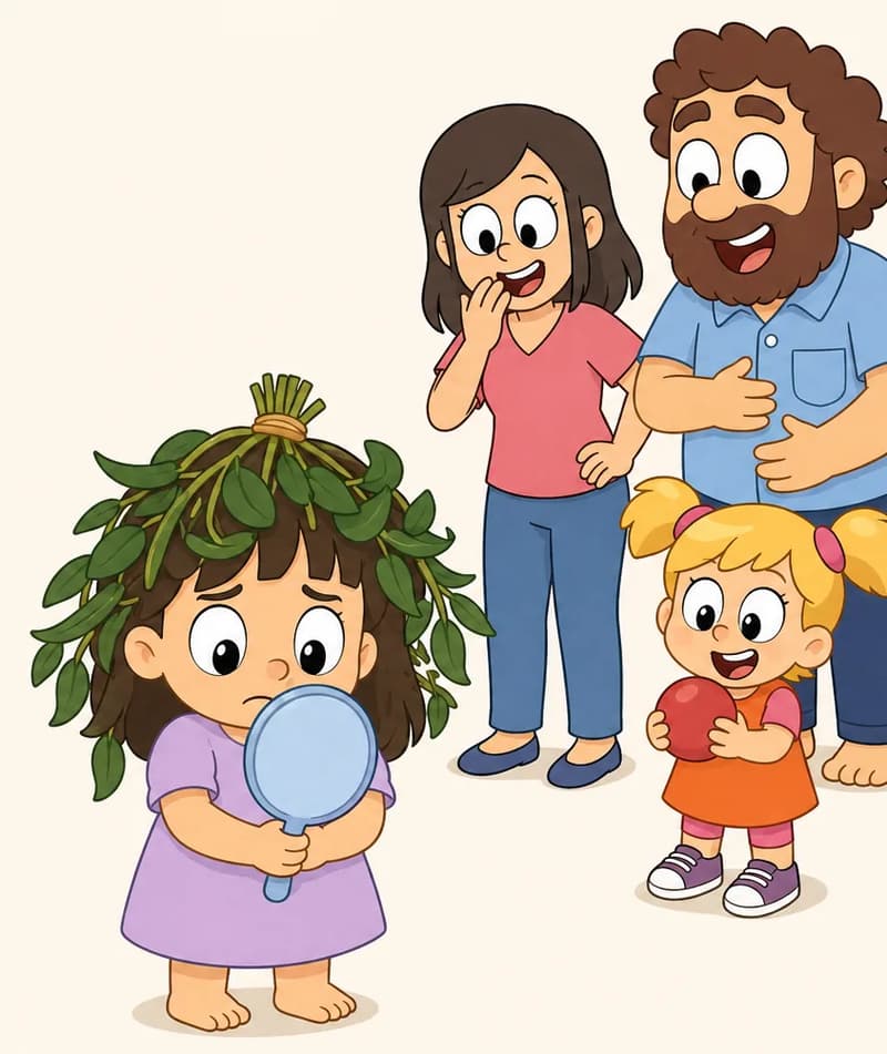 On the right side of the image, Allie stands in the foreground holding her small round light-blue hand mirror up to her face, looking dismayed and uncomfortable. She has a round face, large black eyes, light/fair skin, and wears a light purple/lavender short-sleeved dress. Her badly-cut brown hair is covered in droopy spinach leaves arranged like a messy wig on top. In the upper-right corner, Mom and Dad stand together laughing heartily at Allie's spinach hairstyle. Mom has chin-length wavy brown hair, large round black eyes, light/fair skin, and wears a coral-red short-sleeved V-neck top and blue jeans. Dad is stocky with warm medium-brown skin, large round white eyes with black pupils, a wide round nose, a full curly dark-brown beard and matching curly dark-brown hair, wearing a light blue short-sleeved button-up shirt with a front chest pocket and dark navy-blue pants — he holds his belly laughing. Sister is just below them, also laughing with delight and holding a red ball. Sister has golden-blonde hair in two short pigtails with pink hair ties, large dark eyes, light/fair skin, and wears an orange short-sleeve dress over a pink t-shirt. The scene is set indoors against a plain, light background.