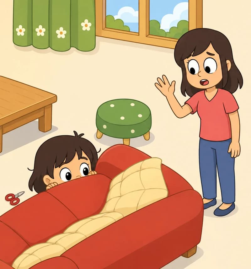 On the left side of the image, Allie is crouched and hiding behind a large red couch on the floor of a living room, with only the top of her head and her large black eyes peeking out — her badly-cut brown hair visible above the couch. A pair of red craft scissors lies on the carpet nearby. The scene is set indoors in a cozy living room with a window, green floral curtains, and a small wooden table visible in the upper portion of the image. On the right side, Mom stands across the room calling out to Allie with a concerned expression. Mom has chin-length wavy brown hair, large round black eyes, light/fair skin, and wears a coral-red short-sleeved V-neck top and blue jeans.